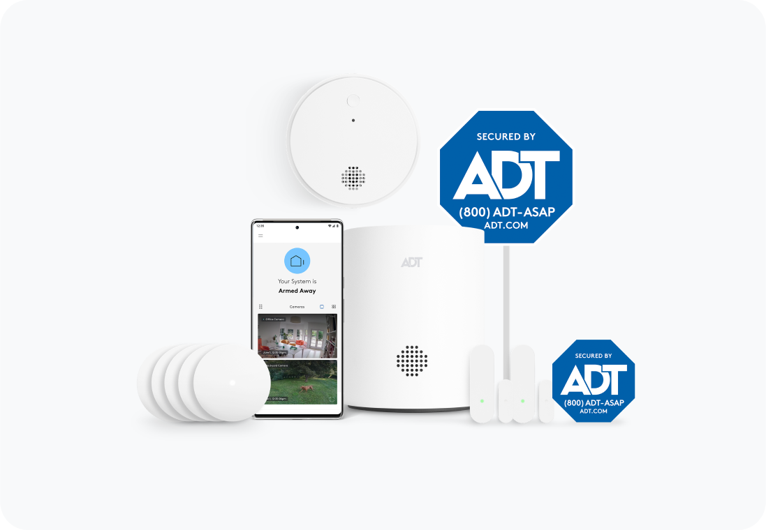 ADT Base Package including ADT app on cell phone, smoke detector, yard sign, window sign, and more.