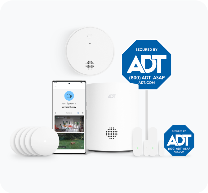 ADT Base Package including ADT app on cell phone, smoke detector, yard sign, window sign, and more.