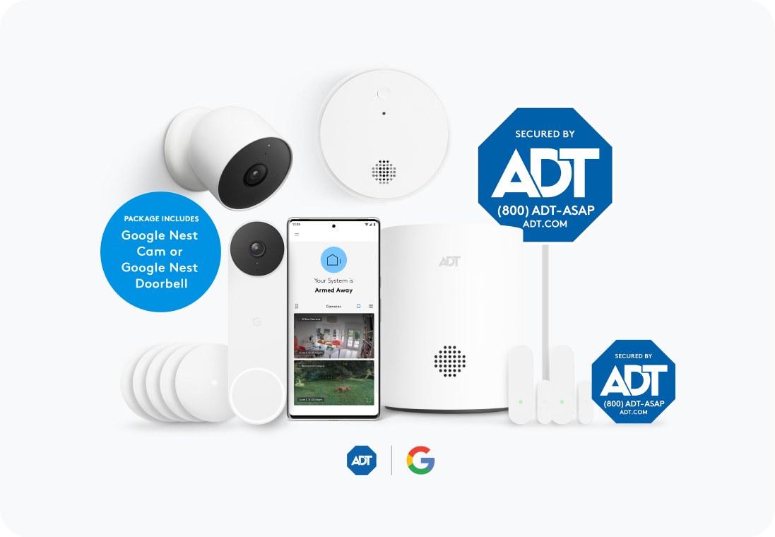 ADT Base Package and Google Camera Package including Google Outdoor Camera, ADT cell phone, smoke detector, yard sign, window sign, and more.