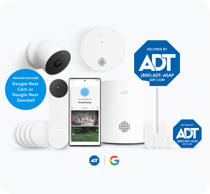 ADT Base Package and Google Camera Package including Google Outdoor Camera, ADT cell phone, smoke detector, yard sign, window sign, and more.