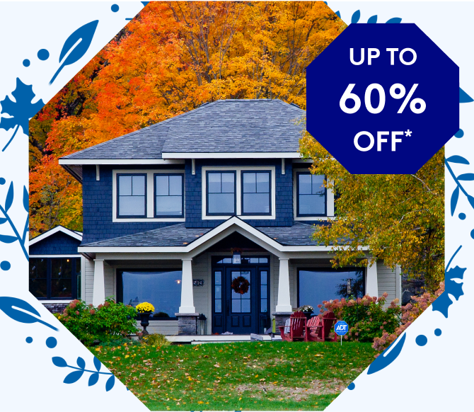 ADT protected house with an ADT yard sign out front and up to 60% off sticker