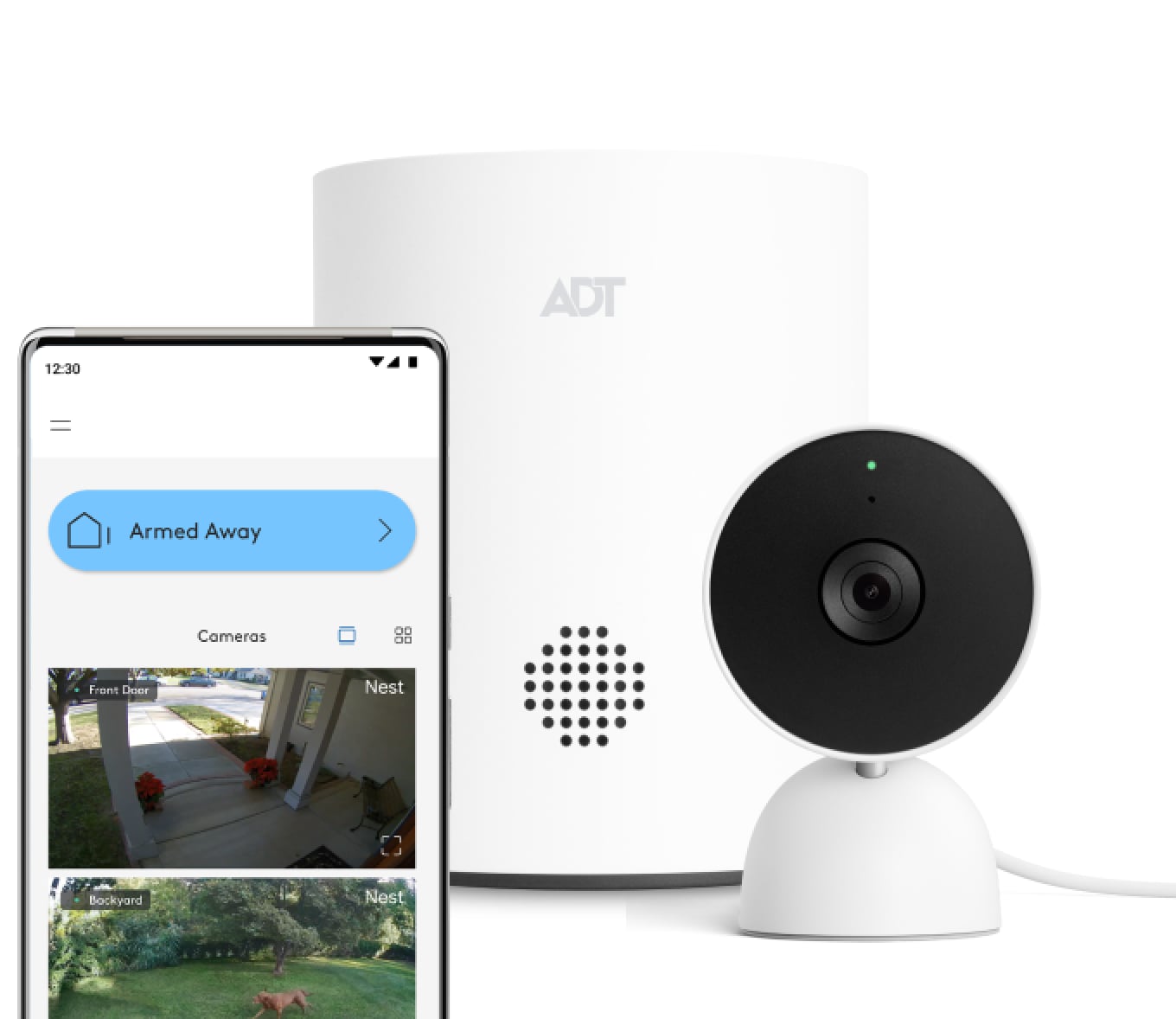 An image that features the ADT Hub,  and Google indoor camera and the ADT Plus App screen showing the cameras on a phone