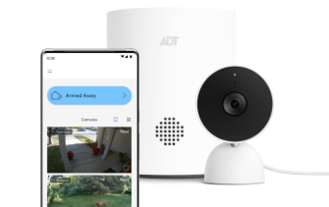 An image that features the ADT Hub,  and Google indoor camera and the ADT Plus App screen showing the cameras on a phone