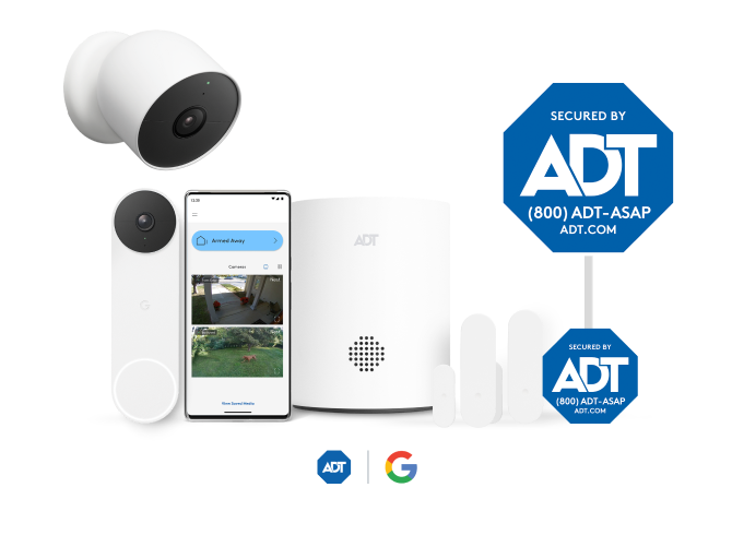 Imágenes de paquetes que incluyen Google Nest Doorbell, sensores, la aplicación ADT y más