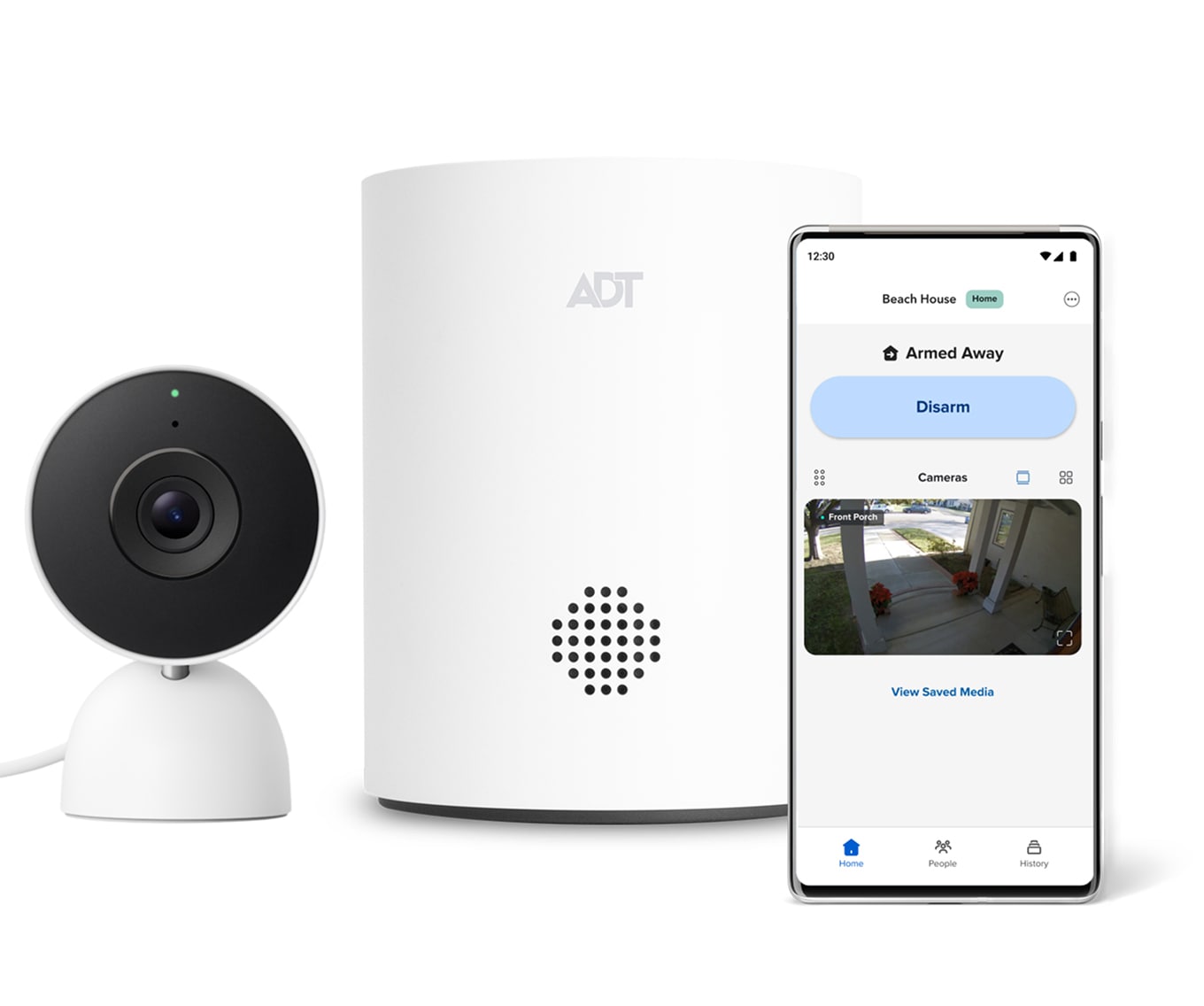 ADT Hub and the ADT Plus App on a phone with Google Indoor Cam ADT Hub and the ADT Plus App on a phone with Google Indoor Cam