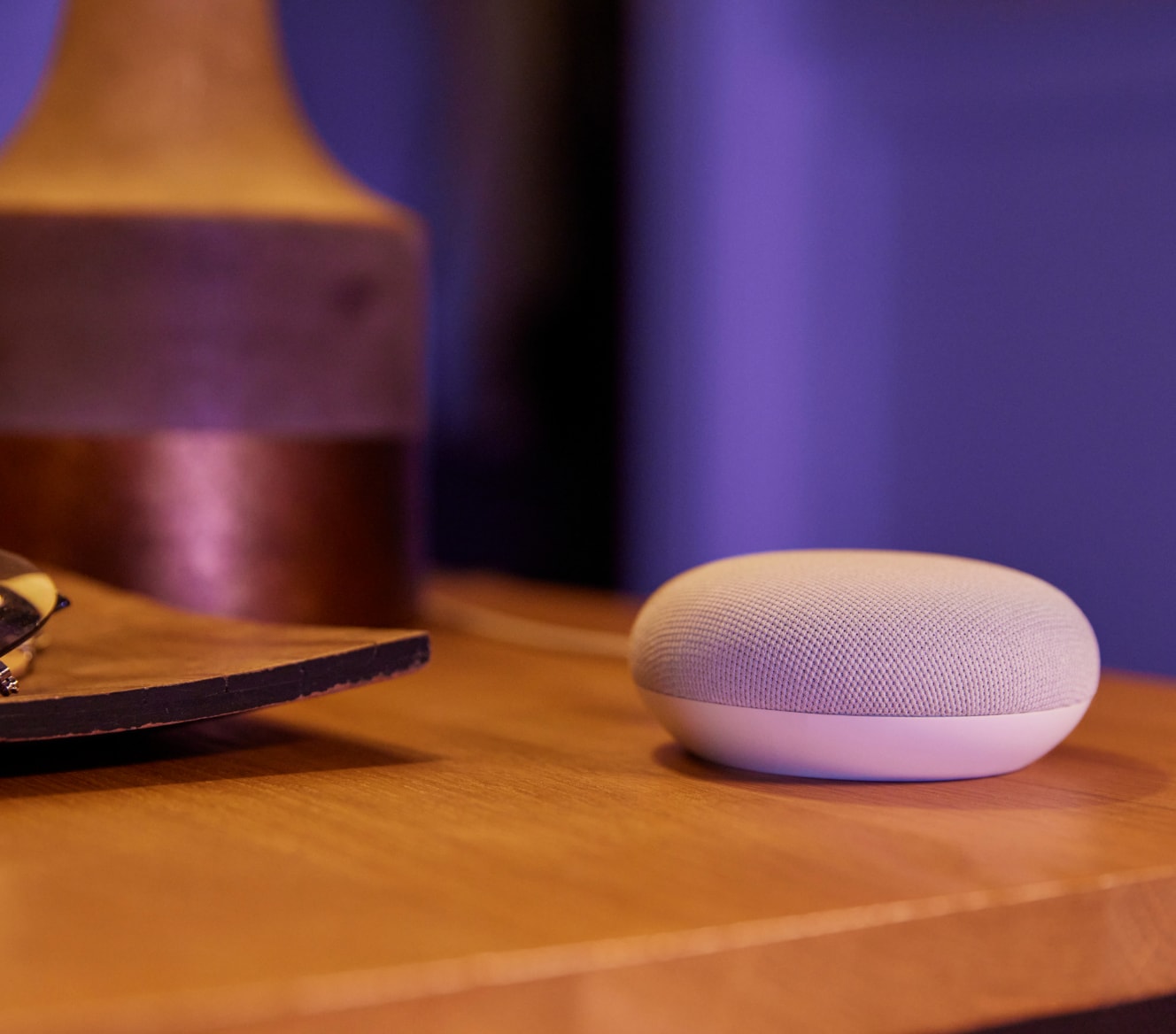 Google voice commands on a bedside table