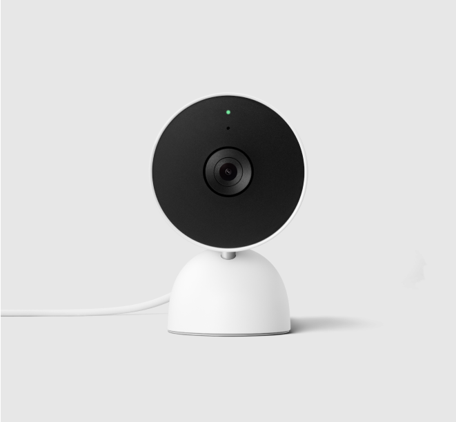 Google Nest Cam (indoor, wired) on a grey background