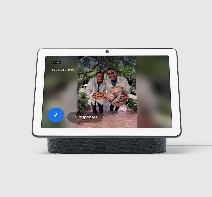 Charcoal Google Nest Hub Max on a grey background 