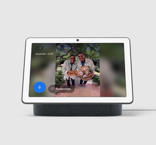 Charcoal Google Nest Hub Max on a grey background 