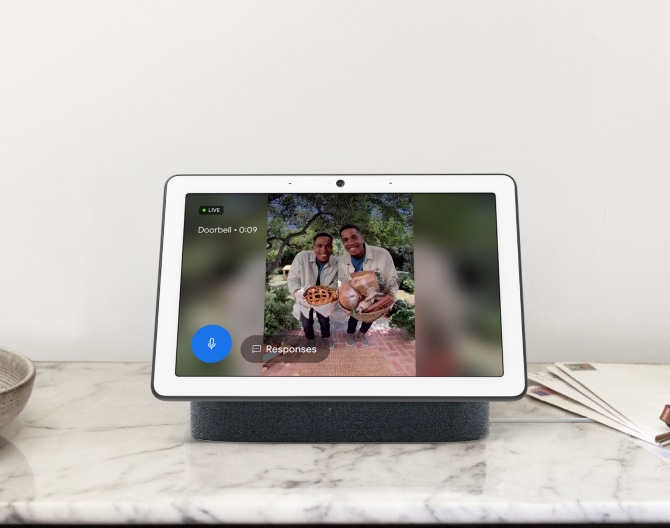 Google Nest Hub Max on a kitchen counter 