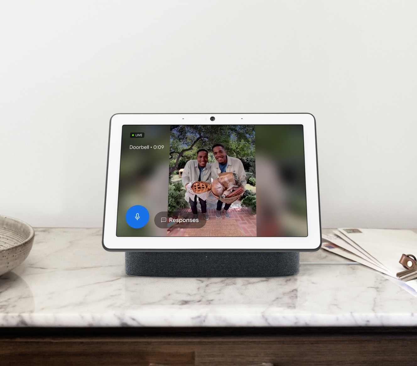 Google Nest Hub Max on a kitchen counter 