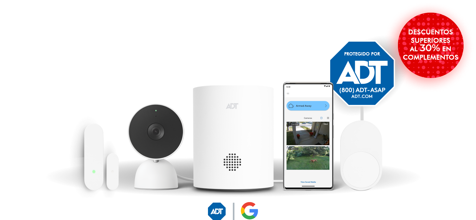 Imagen de los sensores de puertas/ventanas ADT, la cámara Google Nest Indoor, el concentrador ADT, el sensor de movimiento ADT, el letrero de patio ADT y la burbuja roja que dice