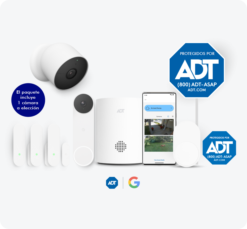 Paquete Video Essentials que consta de sensores de puerta/ventana ADT, timbre Google Nest, concentrador ADT, aplicación ADT, sensor de movimiento ADT, letrero ADT, calcomanía de ventana ADT